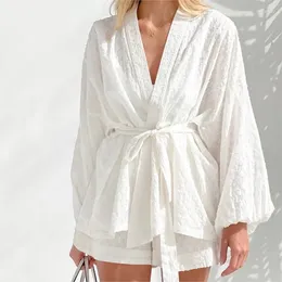 Women's Swimwear Women Beach Dress Bikini Cover Up For 2023 Summer Jacquard Lace Trouser Pyjamas Two Sets Loose Cardigan Ladies