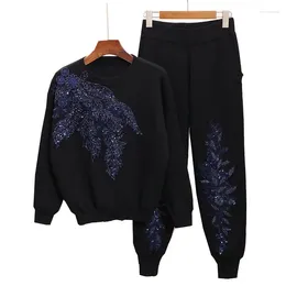 Women's Two Piece Pants Great Quality Sequins Beading Knit Suits Female Heavy Industry Flowers Long Sleeve Sweater Pant Pieces Sets Wq1738