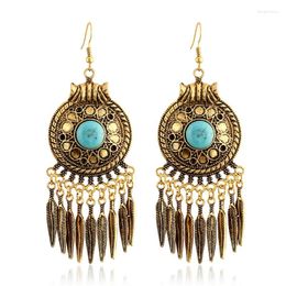 Dangle Earrings Fashion Retro Bohemian Feather Blue Resin Inlaid Metal Leaf Tassel For Women Big Long 0424