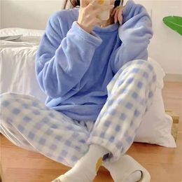 Women's Sleepwear Autumn Winter Pajamas Kawaii Cartoon Pajama Sets Women Plaid Flannel Girl Mujer Night Suits Homewear