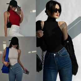 Women's Tanks Women Sleeveless Turtleneck Crop Top Plain Solid Colour Ribbed Bodycon Vest