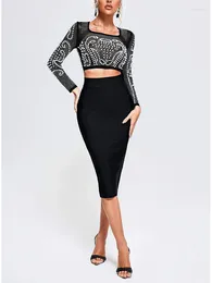 Work Dresses Sexy Women Long Sleeve Black Beading Tops Bandage Skirt Two Piece Set Mesh Pearl Suits Nightclub Party Evening Outfits