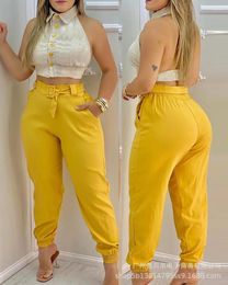 Women's Two Piece Pants 2023 Summer Fashion Women's Set Two-Piece Yellow Halter Top - With Lace Up Sexy Versatile Style