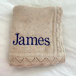 Personalized Name Knitted Embroidered Custom born Receiving Blanket Swaddle Wrap Infant Boy Girl Quilt 231222