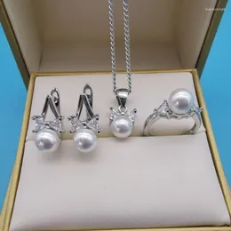 Necklace Earrings Set 925 Sterling Silver Freshwater Pearl Hoop With Ring Simulated