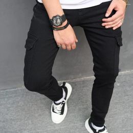 Men's Jeans Black Solid Colour Slim-Fit Multi-Pocket Overalls Mid-Waist Stretch Casual Fashion Wear