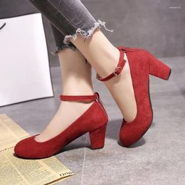 Dress Shoes Mouth Women's Single Suede Large Size Work Autumn Thick Heels Black One-line Buckle Shallow