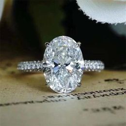 US Size 4-10 Luxury Jewelry Large Diamond Ring Real 925 Sterling Silver Oval Cut White Topaz Gemstones Eternity Women Wedding Band300b