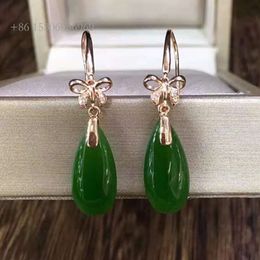 Elegant Minimalist Jade Eardrop Jewellery With Diamond Gold 17X8mm Natural Green Jasper Pendant Earring For Women