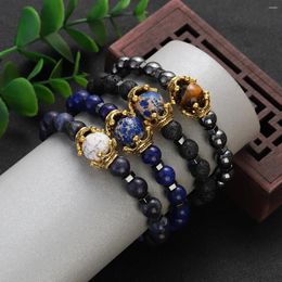 Strand Crown Black Lava Stone Bracelets Retro Tiger Eye Beads Elastic Bangles For Men Turquoises Charm Male Domineering Jewelry