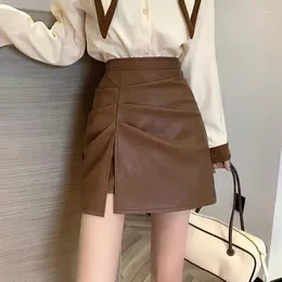 Skirts Fashion Folds Mini Leather Skirt Women 2023 Autumn Winter High Waist PU Korean Ladies Sexy Short