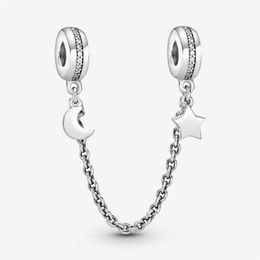 100% 925 Sterling Silver Half Moon and Star Safety Chain Charms Fit Original European Charm Bracelet Fashion Women Wedding Engagem256q