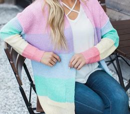 2024 Plus Size Cardigans Womens Knitwea New Rainbow Striped Medium Long Coat Autumn Female Long Sleeve Sweater Open Stitch Coat ss