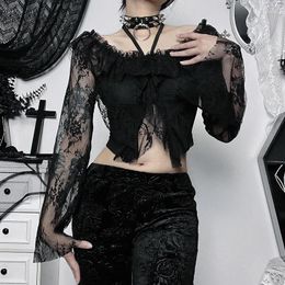 Women's T Shirts Lace Up Front Gothic T-Shirts Women Vintage Long Sleeve Hollow Out Floral Basic Crop Top Halloween Partywear Goth Tops