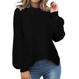Women's Blouses Fashion Woman Blouse 2024 O-Neck Long Sleeve Tops Lace Stitching Loose Pure Colour Sweatershirt Clothing