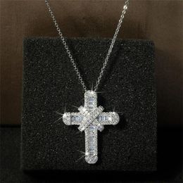 Hip Hop Vintage Fashion Jewellery 925 Sterling Silver Cross Pendant Jesus Pave White Sapphire CZ Diamond Women Clavicle Necklace Wit242m