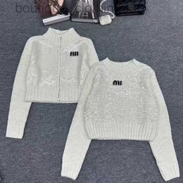 Designer sweaters zipper heavy industry sequin long sleeved knitted cardigan autumn and winter style short half high neck sweater jacket for women