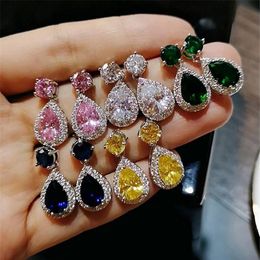 2019 New Arrival Luxury Jewelry 925 Sterling Silver Water Drop Multi Color CZ Crystal Gemstone Drop Earring Women Dangle 301j