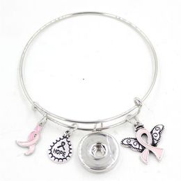 New Arrival Snap Jewelry Hope Ribbon Breast Cancer Awareness Pink Ribbon Angel Wing Charm Expandable Adjustable Wire Snap Bangles 229B