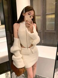 Work Dresses Elegant Knitted Clothing 3 Piece Set Casual Short Cardigan Slim Vest Sexy Y2k Mini Skirt Korean Fashion Suit Sweet Winter