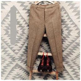 Men's Pants 2023 Men Tweed Suit Wool Straight Herringbone Button Casual Gentleman Trousers Long Formal Classic Clothing P75