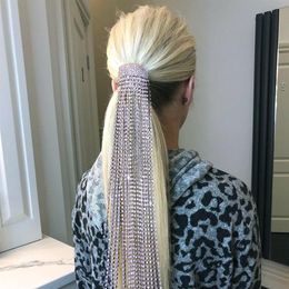 Luxury Rhinesotne Ponytail Long Tassel Accessories Headwear for Women Bling Crystal Hair Comb Pin Head Chain Jewelry2402