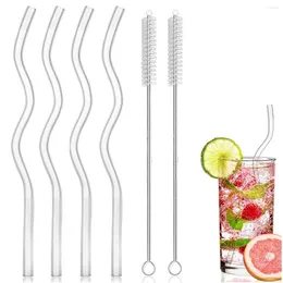 Drinking Straws 4pcs Wavy Glass 20cm Colourful Reusable With Cleaning Brushes Cocktail Fpr Juice Tea Coffee Drinkware