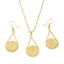 Gold Colour Coin Money Sign Pendant with Earring Set Muslim Jewelry260q