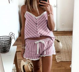 Stripe Floral Print Sleeveless Top and Shorts Pyjamas Women Satin Silk Pyjama Sets Cute Cartoon Sleepwear Womens Homewear T2007049374023