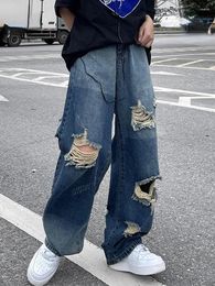 Men's Jeans Foufurieux Ripped Men Personality Street Old Washed High Waist Retro Hip Hop Couple Casual Pants Harajuku Y2k