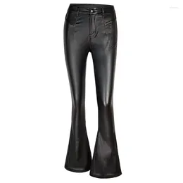 Women's Pants Stretch Faux Pu Leather Women High Waist Boot Cut Push Up Wide Leg Flared Trousers Elegant Bell Bottom Bootcut 4XL Black