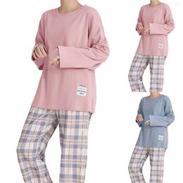 Women's Sleepwear Autumn Winter Pajamas Sets For Women Casual Long Sleeve Solid Color Tops Plaid High Waist Trousers Pijamas Para Mujer