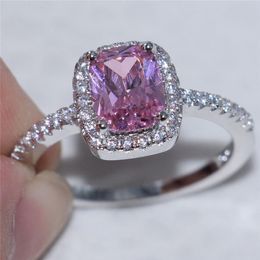 Fashion 925 Sterling Silver set with Square Pink Simulated Diamond Zircon Ring Engagement Wedding Band Jewelry For Women2542