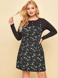 Plus Size Dresses Finjani Casual Overall Dress Women's Ditsy Print Buckle Square Neck Slight Stretch
