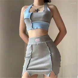 Work Dresses Women's Sexy Patchwork Halter Crop Top Mini Skirt Set 2 Piece Outfits Sleeveless Color Block Street