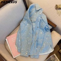 Korean Shiny Sequins Jean Jacket Women Denim Jackets Female Vintage Loose Frayed Coat Girls Casual Outwear Lady 231222