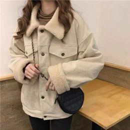 Women's Jackets Deeptown Vintage Winter Corduroy Jacket Women Oversize Korean Fashion Lamb Wool Coat Streetwear Warm Harajuku Aesthetic