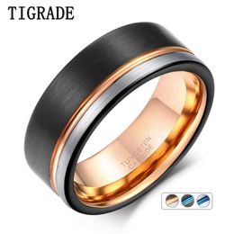 TIGRADE Ring Men Tungsten Black Rose Gold Line Brushed 6 8mm Wedding Band Engagement Men's Party Jewellery Bague Homme 210610289n