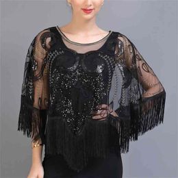 Vintage Sequin Tassel Evening Cape 1920s Flapper Party Fringed Shawl Wraps Embroidery Pullover Wedding Bridal Scarf 210819263Y