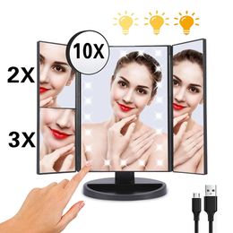 Portable 3 Foldable Vanity Mirror With 22 LED Lights 123X Magnifying 180 Rotation Adjustable Touch Dimmer Table Makeup Mirrors 231222