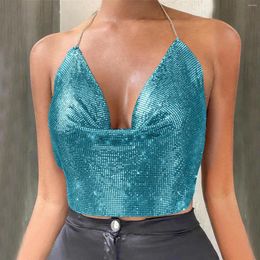 Women's Tanks Women Elegant Sexy Shiny Metal Texture Suspender Top Club Backless Bralette Beach Halter Gold Sequined Tank Camisole