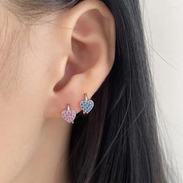 Hoop Earrings 925 Sterling Silver Ear Buckle For Girl Cute Zircon Pink Blue Versatile Small Love Heart Earring Jewelry KOFSAC