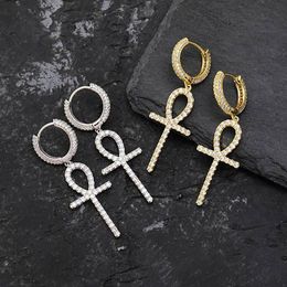 14K Gold Plated Ankh Egyptian Drop Earrings Bling Micro Pave Cubic Zircon Earring for Men Women Drop Earrings316L