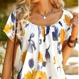 Women's Polos Fashion Spring/Summer Flower Fold Print Short Sleeved Round Neck Loose Top Casual Raglan Sleeve T-shirt