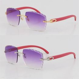 Selling Rimless Red Wood C Decoration Vintage Luxury Sunglasses Square shape face Carving Lens Unisex driving glasses 18K gold met233O