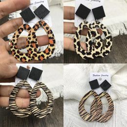 Dangle Earrings Cut Hollow Teardrop Wood Print Cheetah Leopard Zebra Statement Wooden Black Square Waterdrop Jewellery Gifts For Women