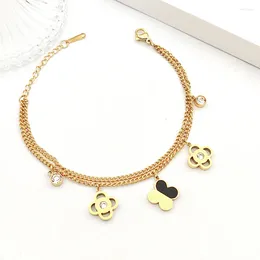 Bangle Stainless Steel Bracelet Women's Double Chain Four Petal Flower Pendant Bohemian Lock Jewelry Gif