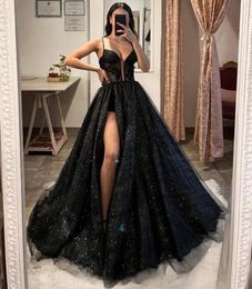 Sexy Black A-line Prom Dress V-neck Straps Split Sequins Glitter Evening Formal Party Gowns Birthday Drsses Vestido De Gala Robe De Soiree