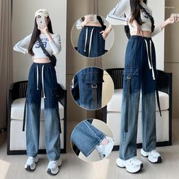 Women's Jeans Color-changing Tooling Women 2024 High-waisted Fashion Casual Simple Wide-leg Pants