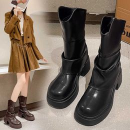 Genuine Leather Thick Soled Martin Boots for Women's Fall New Fashionable Heeled Smoke Pipe Boots Versatile High Slim